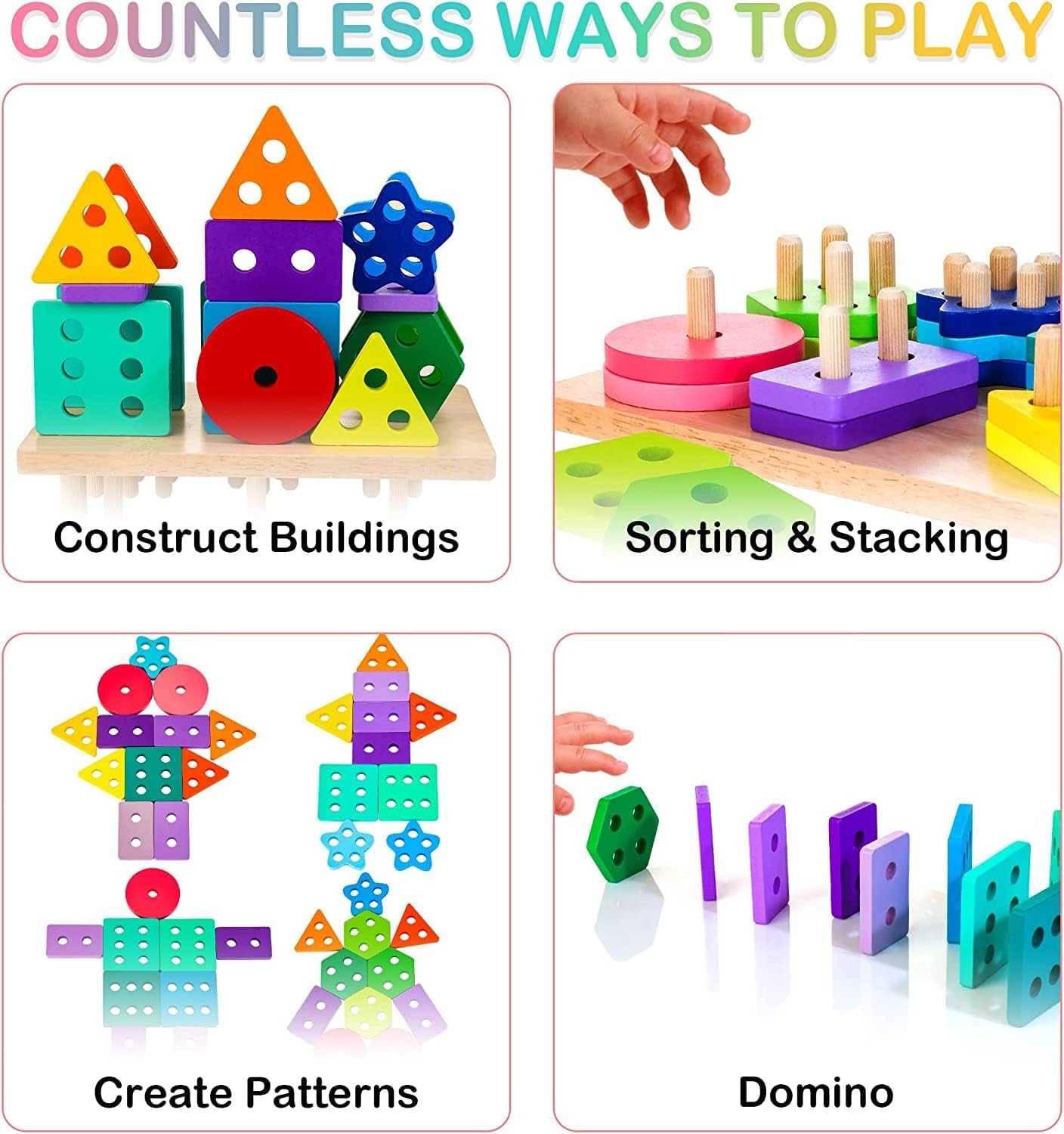 Wooden Sorting & Stacking Toys, Montessori Toys for 1 2 3 Years Old Toddlers, Shape Sorter Puzzles with 24-Piece Large Geometric Blocks & 12 Word Cards, Gift for 12+ Months Baby Boys Girls