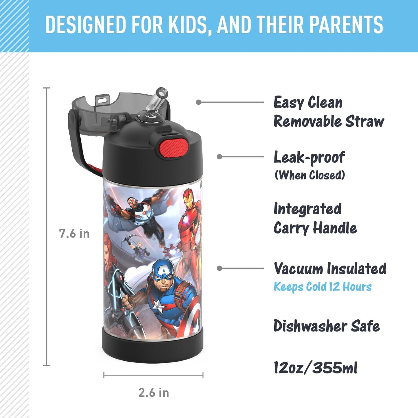 THERMOS FUNTAINER - Botella de agua con pajilla, 12 onzas, botella de agua de acero inoxidable aislada Avengers