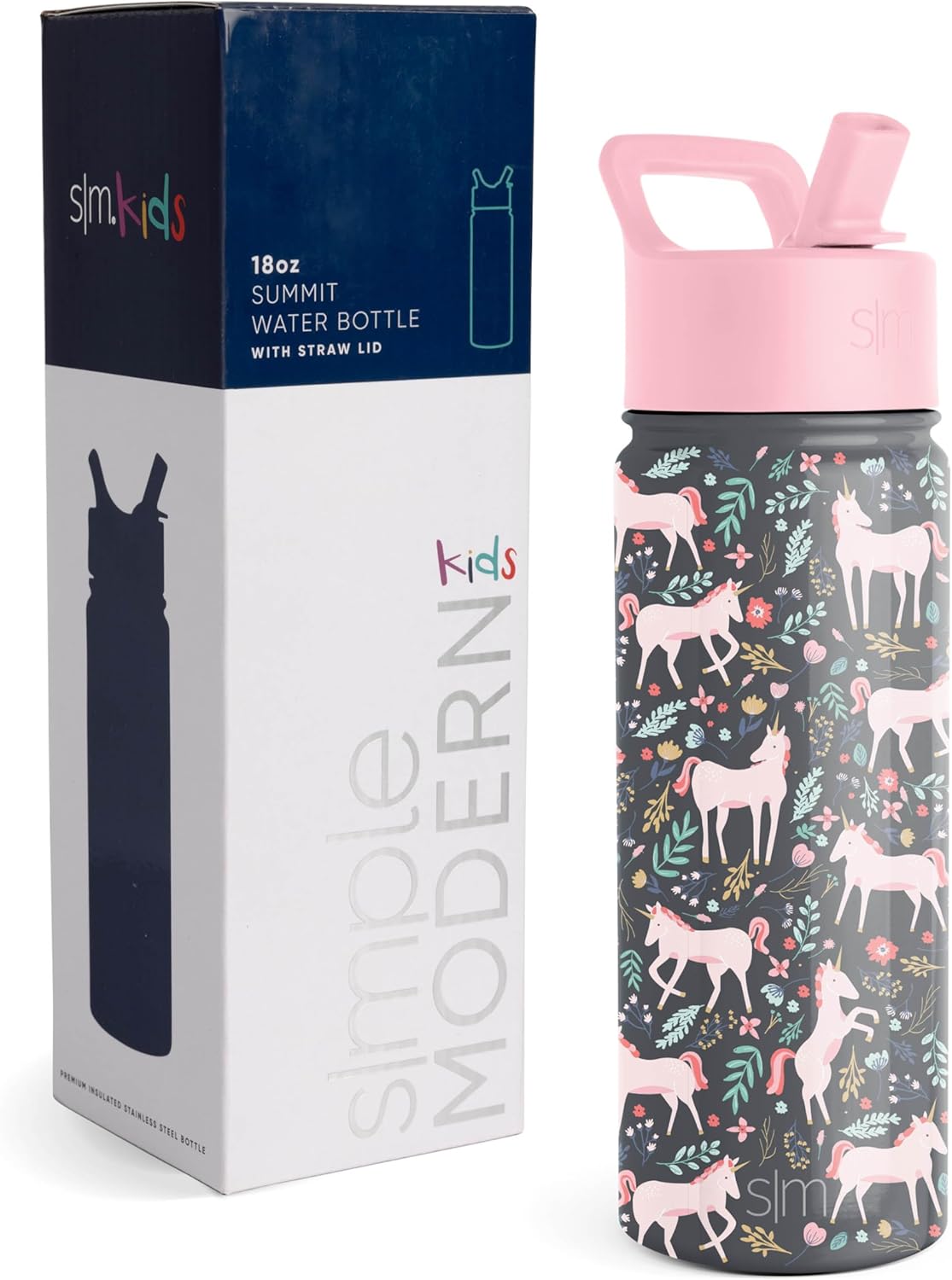 Simple Modern - Botella de agua infantil con tapa con pajilla, vaso térmico de acero inoxidable reutilizable para niños pequeños y niñas, colección Summit, 14 onzas