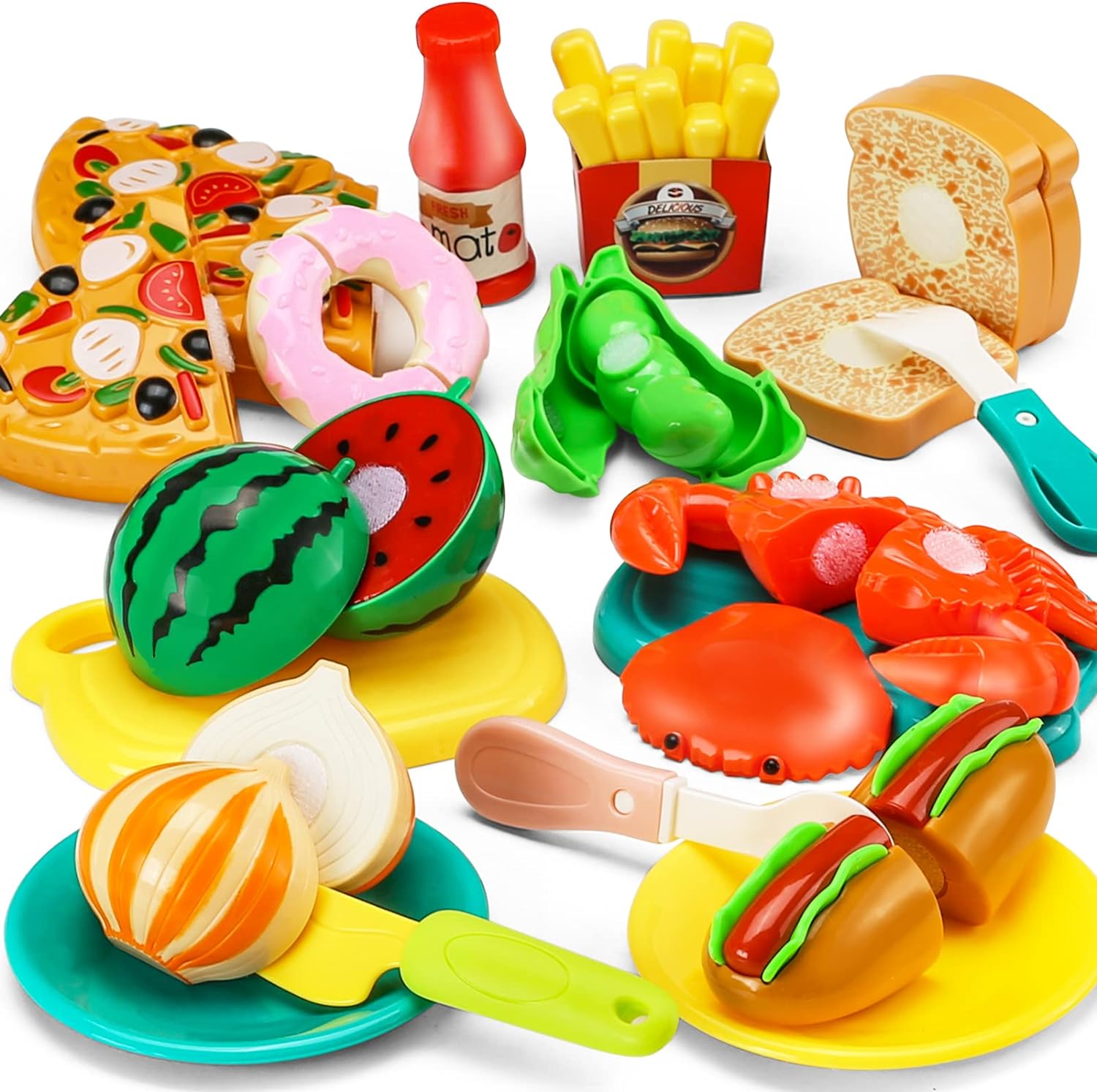 Juego de 87 piezas de comida de corte para niños, juego de cocina de simulación, frutas y verduras y comida rápida con cesta de almacenamiento