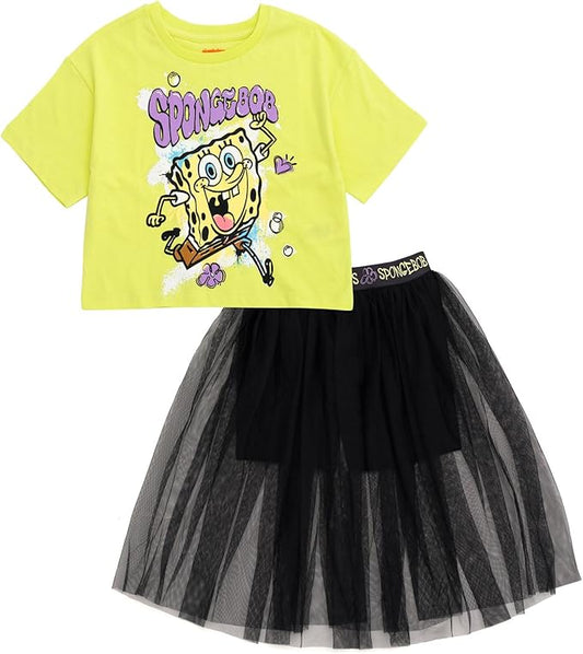 Camiseta cuadrada con hombros caídos para niñas y falda pantalón de tul Bob esponja