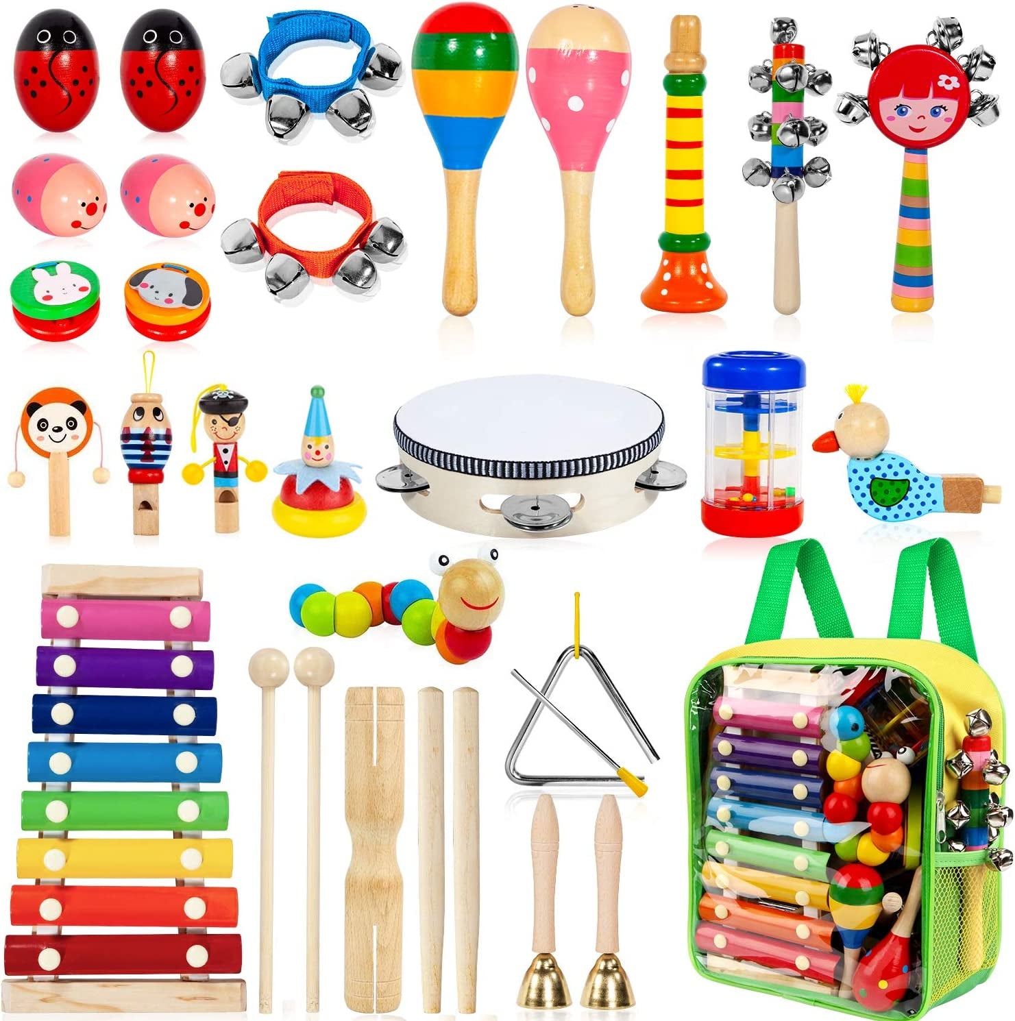 Instrumentos musicales para niños, 33 piezas, 18 tipos, instrumentos de percusión de madera, pandereta, xilófono, juguetes para niños, educación preescolar, aprendizaje temprano