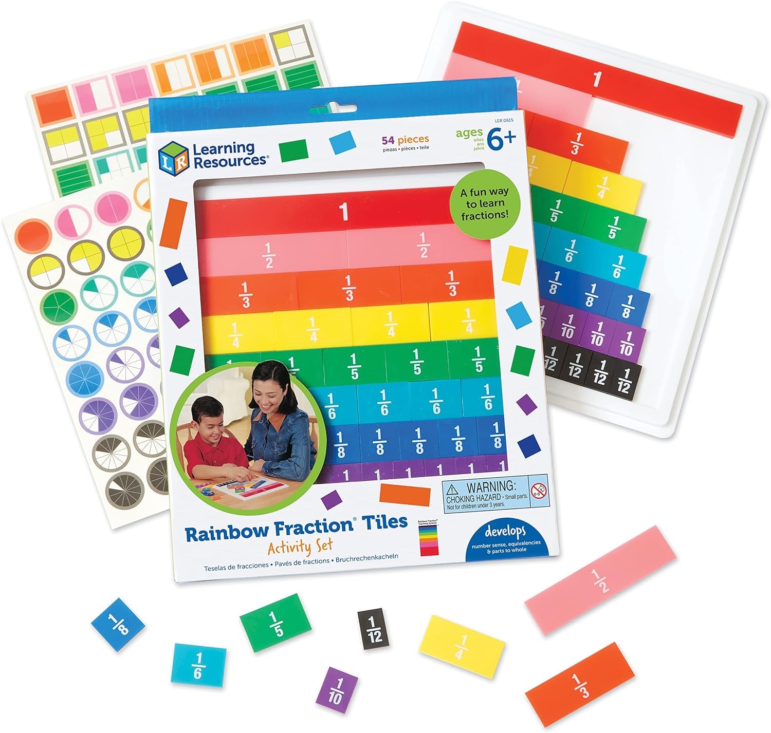 Learning Resources Azulejos de fracción arcoíris – 54 piezas, a partir de 6 años, habilidades matemáticas tempranas, ayuda visual, matemáticas para niños