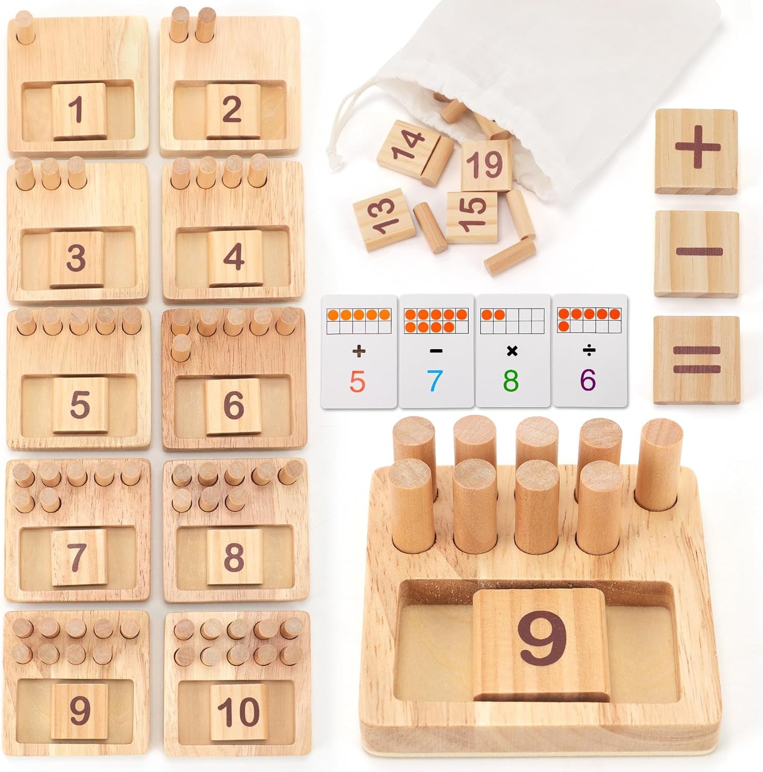 Montessori - Juguetes de madera para niños de 3 años de edad, manipuladores matemáticos y bloques de números para niños