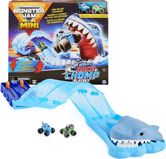 Monster Jam, Mini Megalodon Race and Chomp Playset con 2 mini camiones Monster Jam a escala 1:87