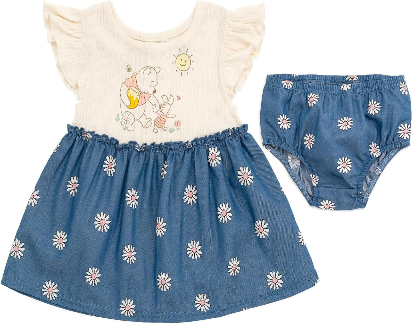 Disney Winnie The Pooh - Conjunto de vestido floral de cambray y cubierta de pañales