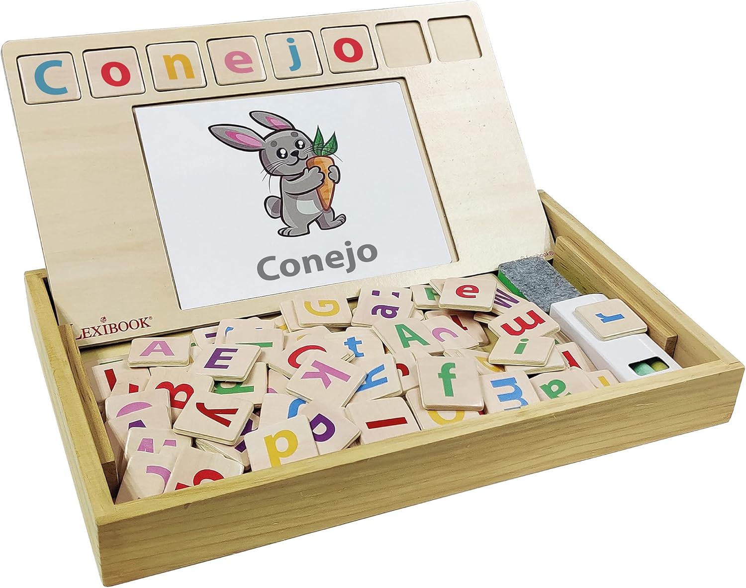 Bilingüe Español/Inglés, de madera, 50 tarjetas de palabras, alfabeto, juego educativo