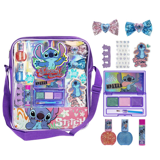 Disney Lilo and Stitch - Bolsa de hombro rellena de maquillaje, incluye brillo de labios, esmalte de uñas, lazo para el cabello y mucho más