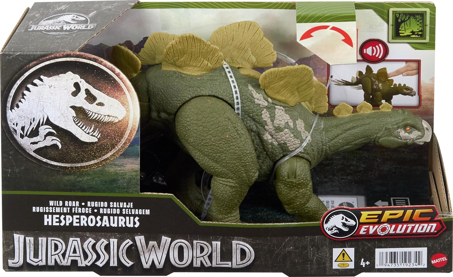 Mattel Jurassic World Wild Roar - Figura de dinosaurio Hesperosaurus con sonido continuo de rugido y acción de ataque