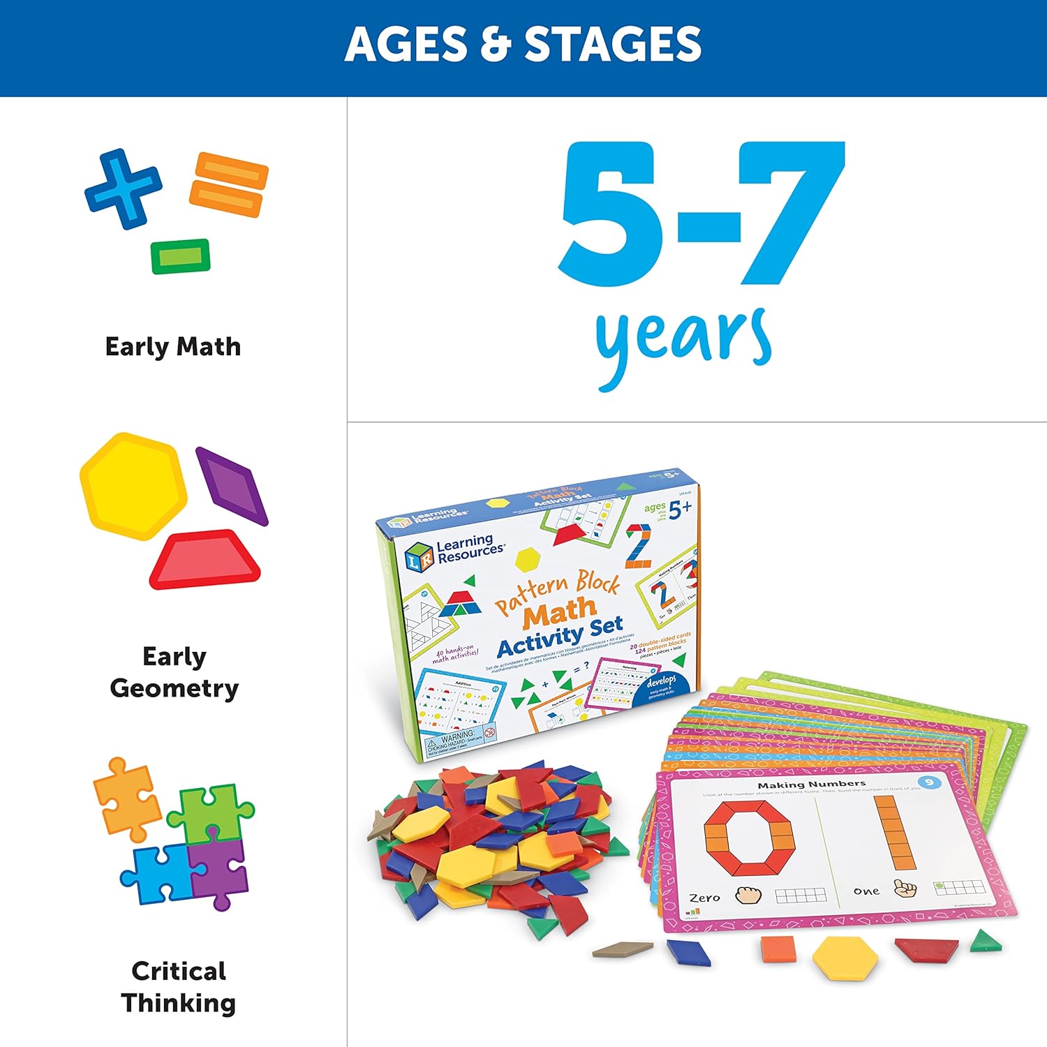 Learning Resources Juego de actividades matemáticas de bloques de patrones, juegos de matemáticas para niños, juegos educativos, matemáticas preescolares, Montessori, 144 piezas, a partir de 5 años