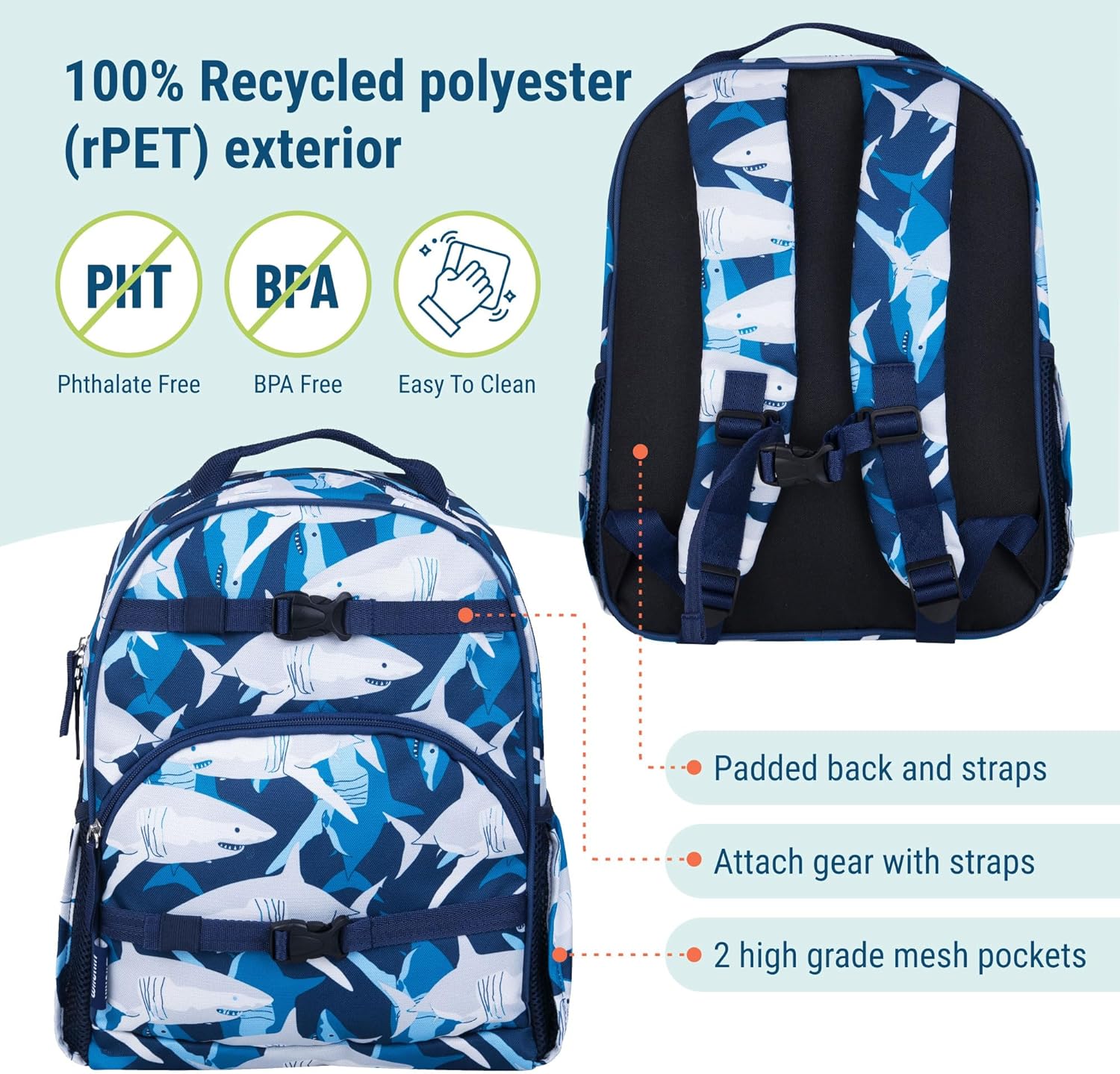 Mochila para niños Wildkin ECO rPET de 15 pulgadas Tiburones 