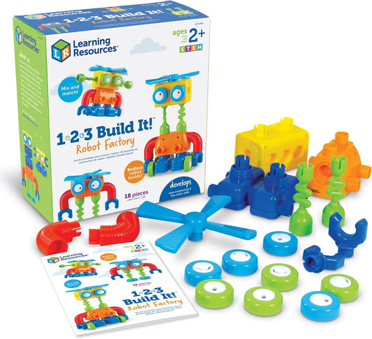 Learning Resources 1-2-3 Build It! Robot Factory, juguete de motricidad fina, juego de construcción