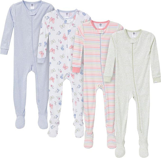 Gerber Pijama con pies para bebé niña, paquete de 4