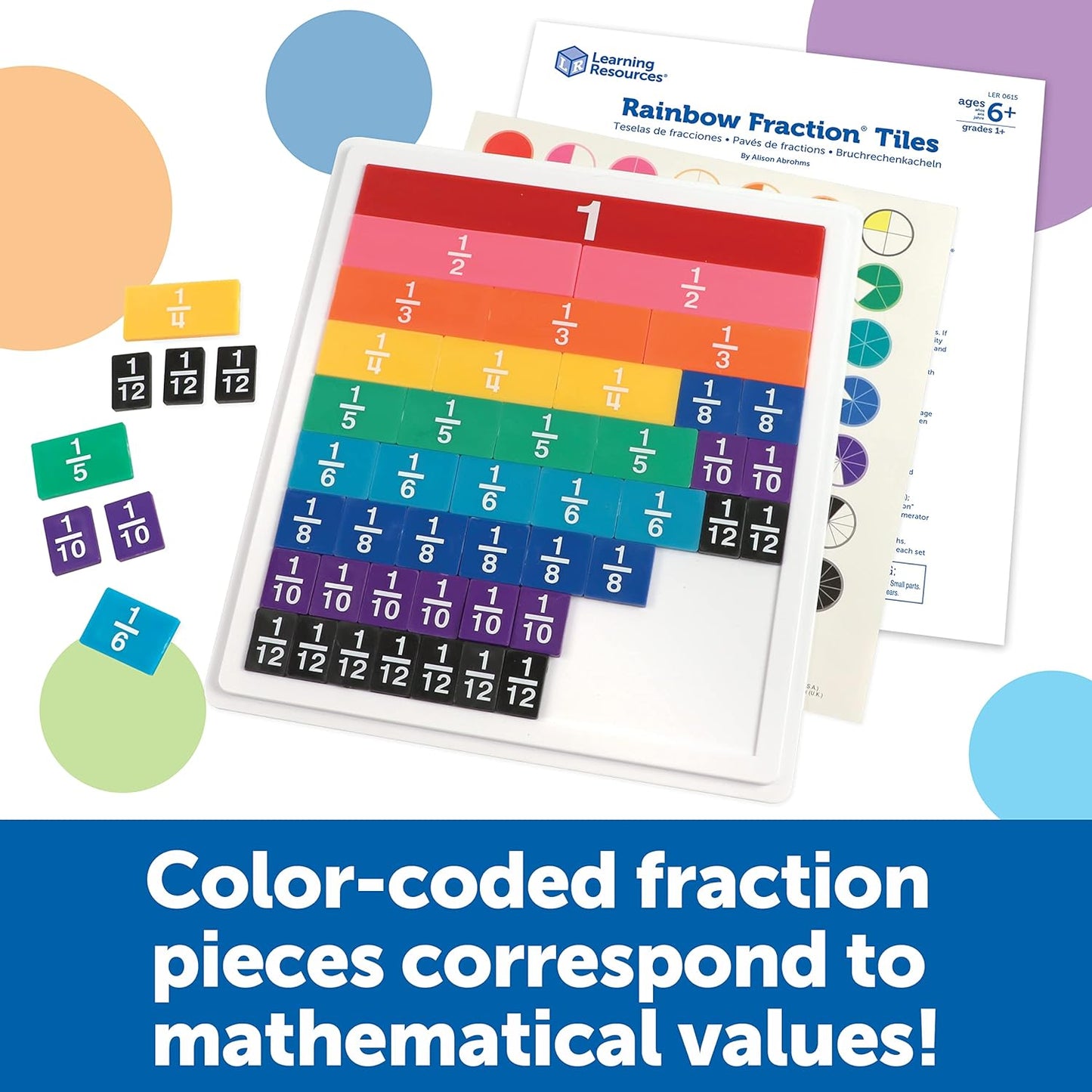 Learning Resources Azulejos de fracción arcoíris – 54 piezas, a partir de 6 años, habilidades matemáticas tempranas, ayuda visual, matemáticas para niños