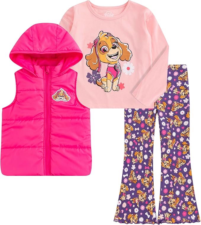 Paw Patrol Nickelodeon - Juego de camisa de manga larga de 3 piezas, chaleco con capucha y pantalones acampanados