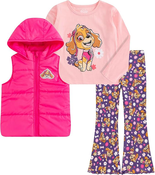 Paw Patrol Nickelodeon - Juego de camisa de manga larga de 3 piezas, chaleco con capucha y pantalones acampanados