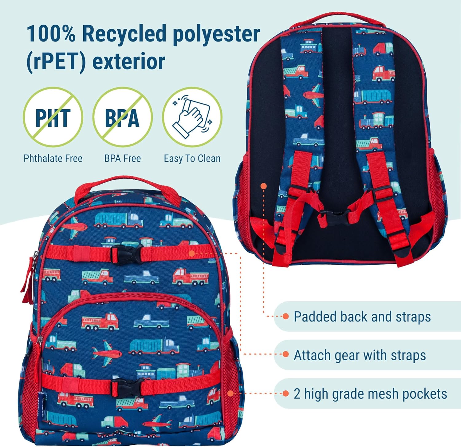 Mochila para niños Wildkin ECO rPET de 15 pulgadas Medios de transporte 