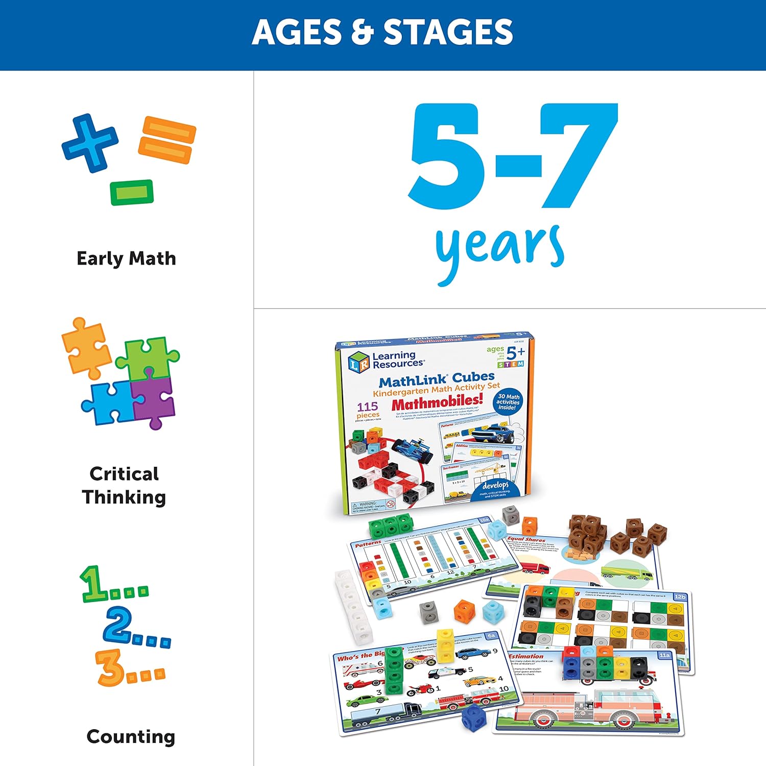 Mathlink Cubes Kindergarten Math Activity Set: Mathmobiles! 115 Pieces, Ages 5+ Kindergarten STEM Activities, Math Activity Set and Games for Kids