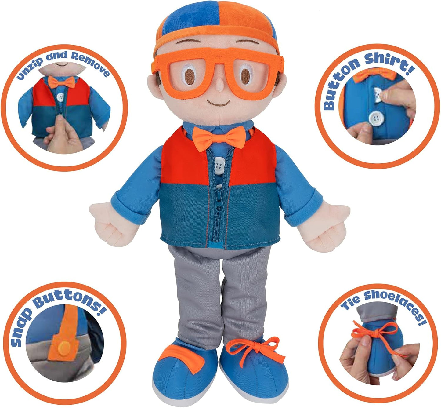 Blippi Peluche de 20 pulgadas con sonidos, enseña a los niños a vestirse