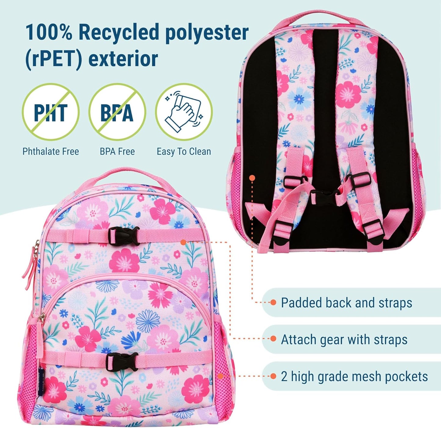 Mochila para niños Wildkin ECO rPET de 15 pulgadas Flores 