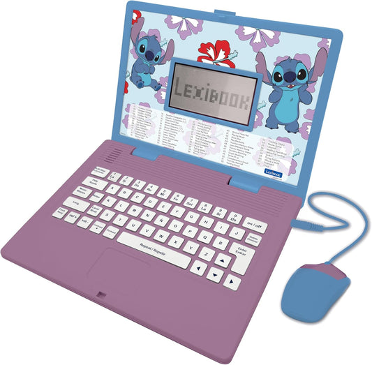 Lexibook - Disney Stitch - Portátil educativo bilingüe inglés/español, 124 actividades lingüísticas, escritura, matemáticas, lógica, música y juegos