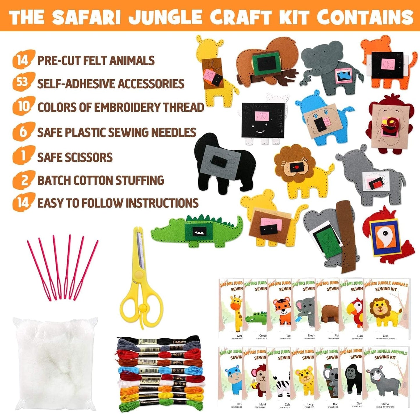 Safari Jungle Animals Sewing Craft Kit DIY Kids Craft and Sew Set for 7 8 9 10 11 12Girls and Boys Educational Beginners Sewing Stuffed Animal Felt Plush Ornaments Set of 14