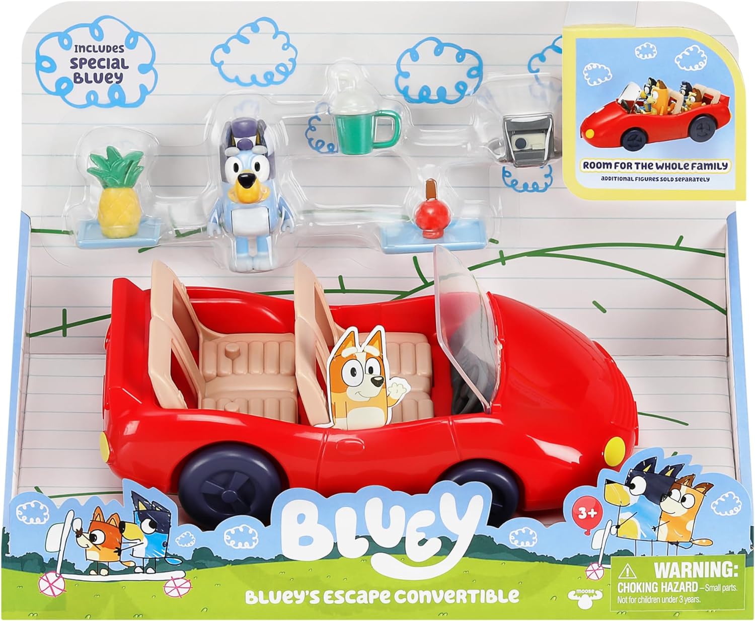 Bluey Paquete de vehículos y figuras, Escape Convertible con figura 