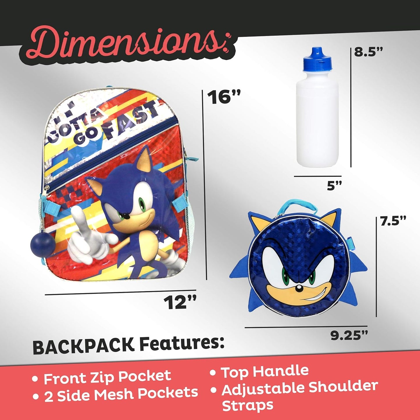 Juego de mochila y almuerzo con licencia de Sonic the Hedgehog  16 pulgadas