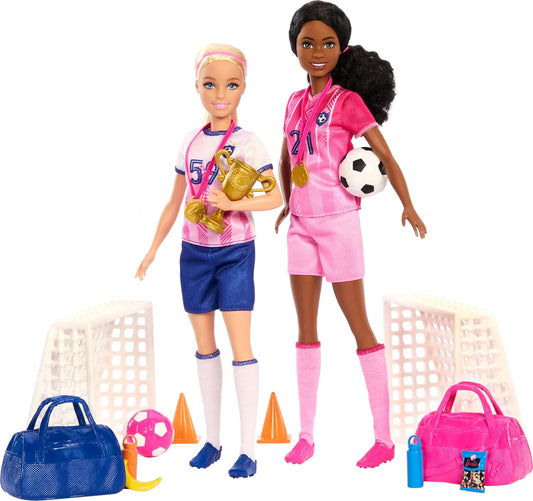 Barbie Juego de carreras, jugador de fútbol con 2 muñecas de moda y 15 accesorios