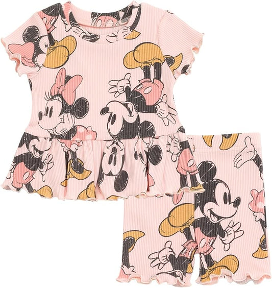 Disney Conjunto de camiseta peplum acanalada junior y pantalones cortos Minnie Mouse