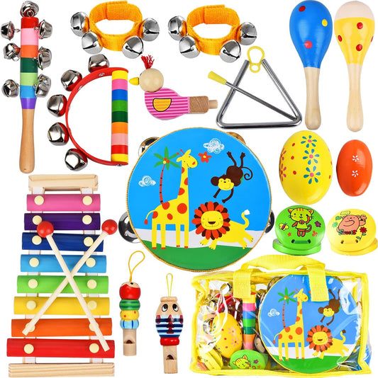 Juego de instrumentos musicales para niños, 20 piezas de agitadores de madera, instrumentos de percusión, pandereta, juguetes de xilófono