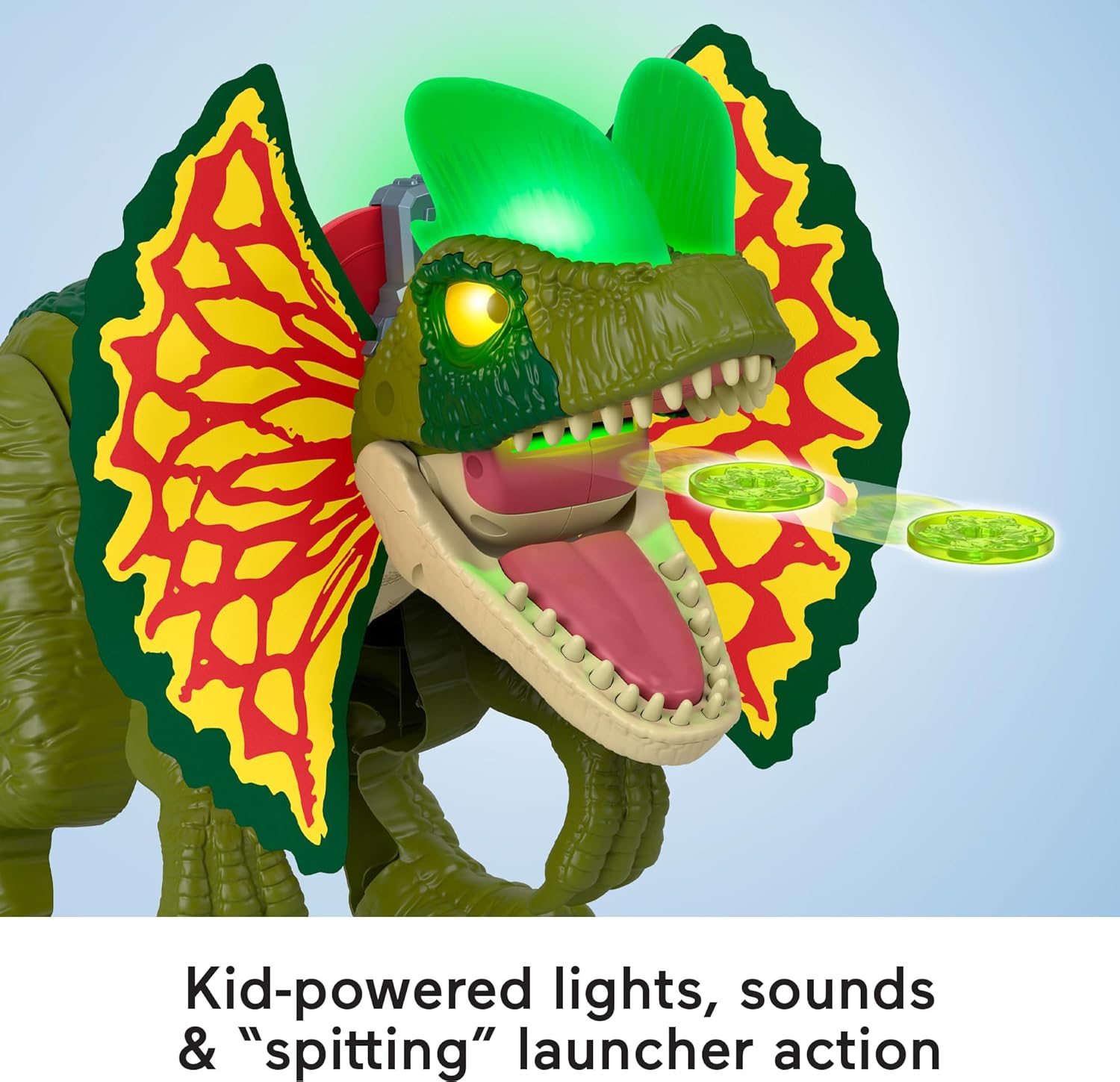 Fisher-Price Imaginext Jurassic World - Juguete de dinosaurio Thrash Attack Dilophosaurus de más de 16 pulgadas con luces y sonidos