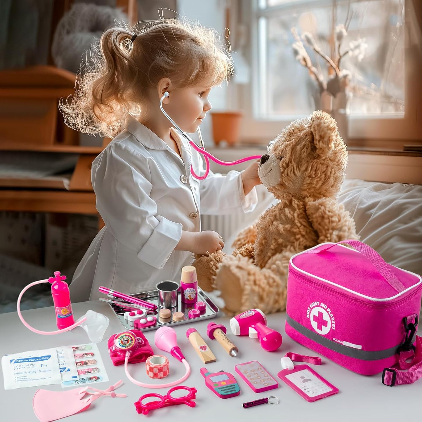 Kit de médico para niños y niñas, 34 piezas para niños pequeños de 3 a 5 años con bolsa de almacenamiento médico y estetoscopio real, juego de doctor para juegos de rol, juego de doctor para niños