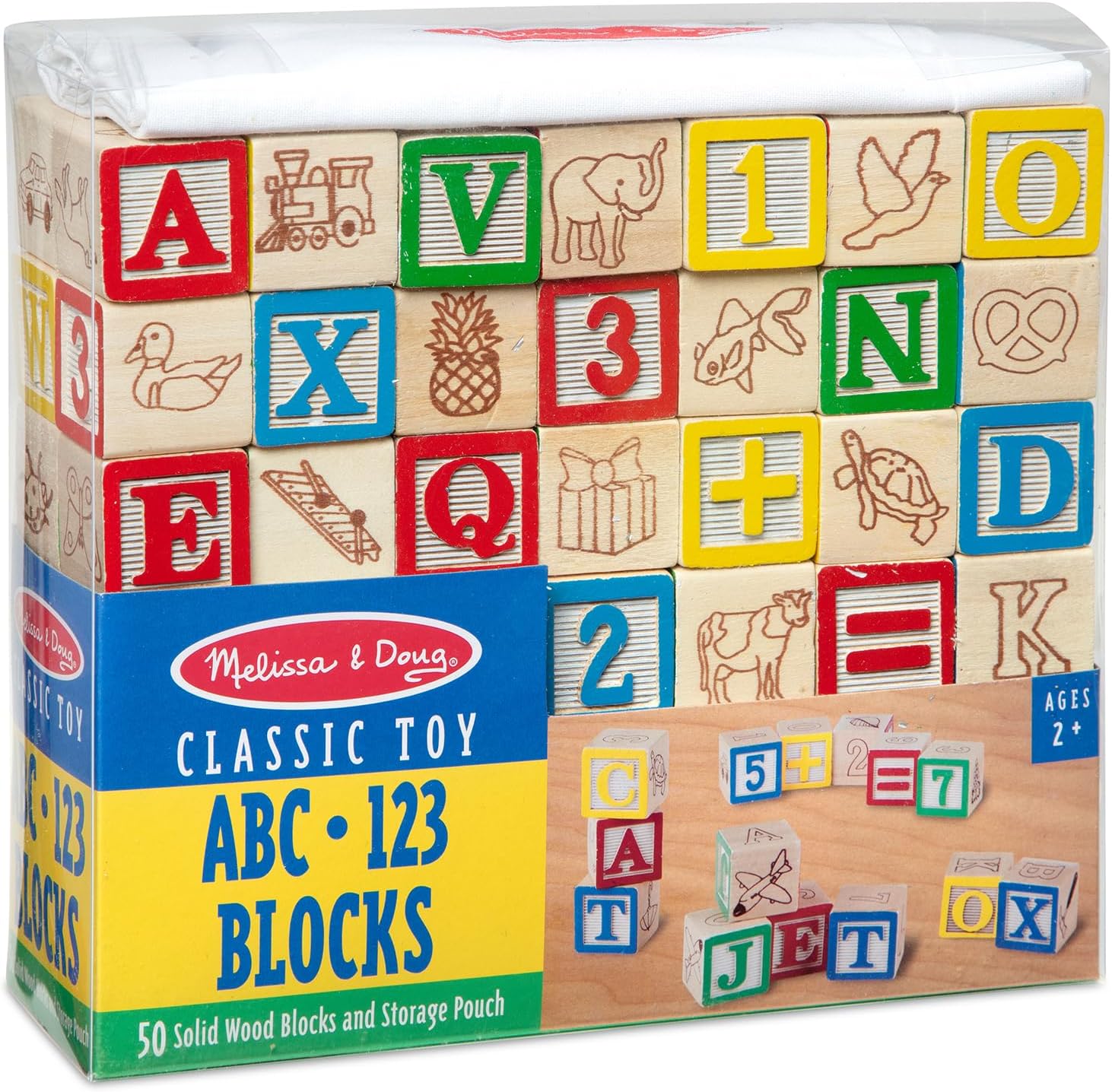 Melissa & Doug Deluxe ABC/123 Juego de bloques de 1 pulgada con bolsa de almacenamiento (50 piezas) - Letras y números/Bloques de madera clásicos ABC 