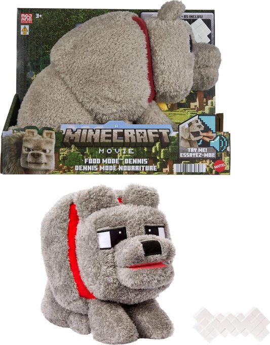 Mattel Minecraft Dennis The Wolf - Juguete de peluche con acción de alimentación y sonido
