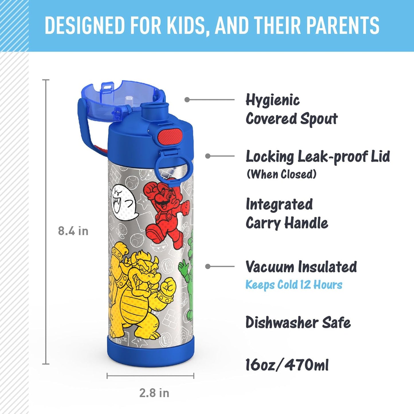 THERMOS FUNTAINER - Botella aislada al vacío de acero inoxidable de 16 onzas