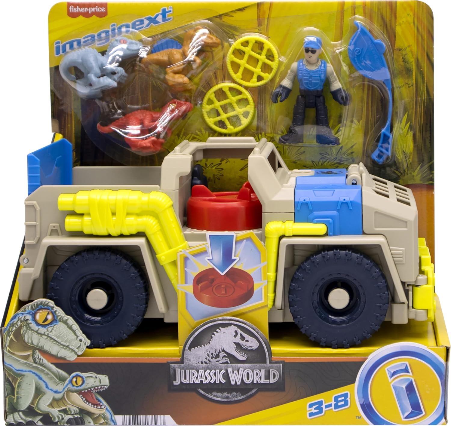 Fisher-Price Imaginext Jurassic World - Juego de juguetes de dinosaurio de pista y transporte