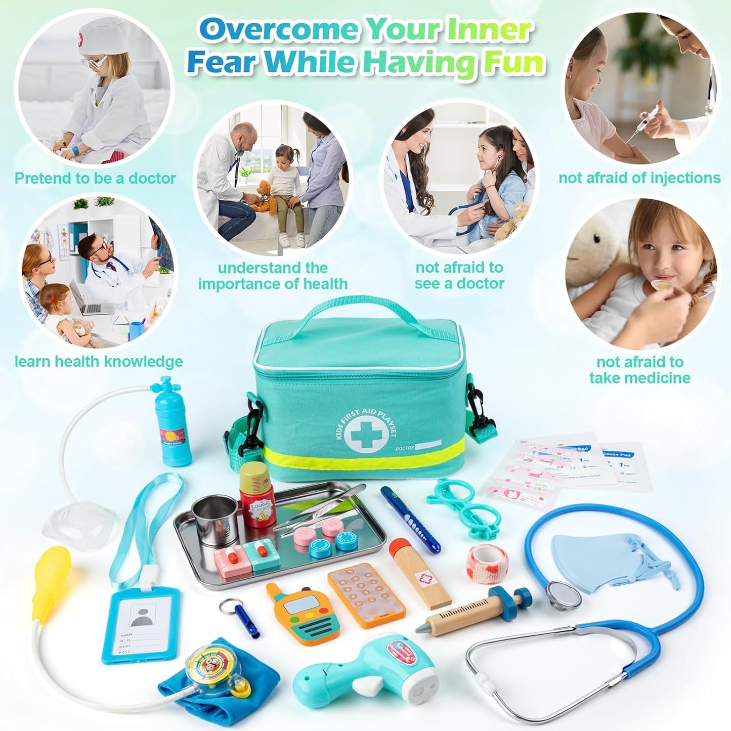 Kit médico para niños, juego de simulación de 34 piezas para niños pequeños, kit de médico para niños, con bolsa médica, estetoscopio y otros accesorios