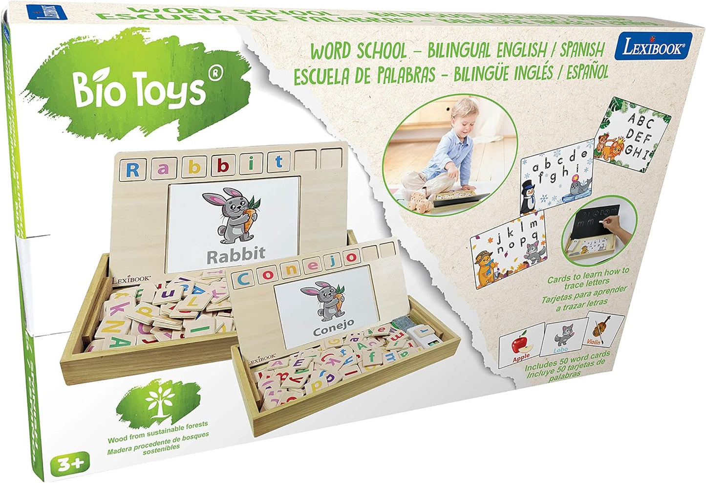 Bilingüe Español/Inglés, de madera, 50 tarjetas de palabras, alfabeto, juego educativo