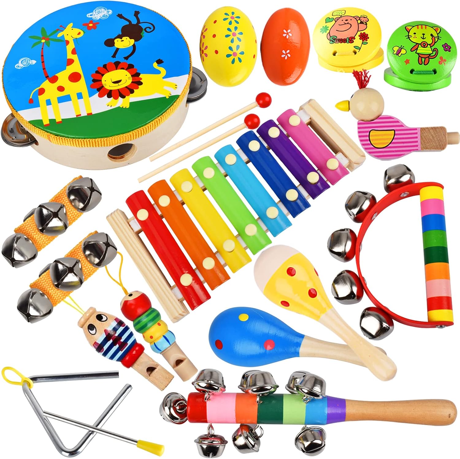 Juego de instrumentos musicales para niños, 20 piezas de agitadores de madera, instrumentos de percusión, pandereta, juguetes de xilófono