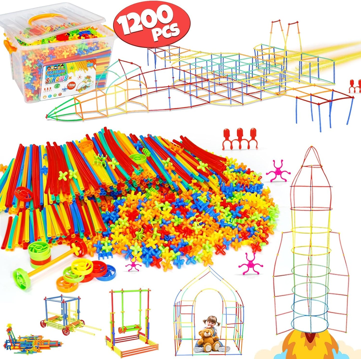 Straw Constructor Toys STEM Building Toys 600Pcs Straw Toy Interlocking Plastic Toys Engineering Toys Thin Tube Blocks Toy Educational Toy Kit for 3 4 5 6 7 8 Years Kids Toy for Boys and Girls