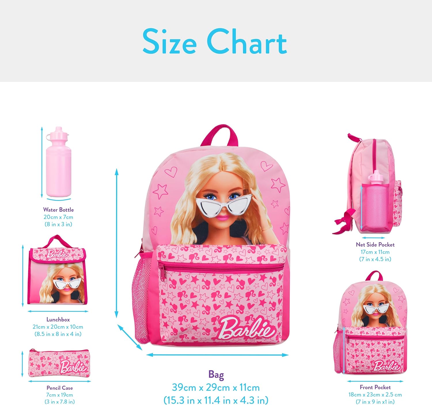 Barbie Juego de mochila de 4 piezas Mochila de 15 pulgadas