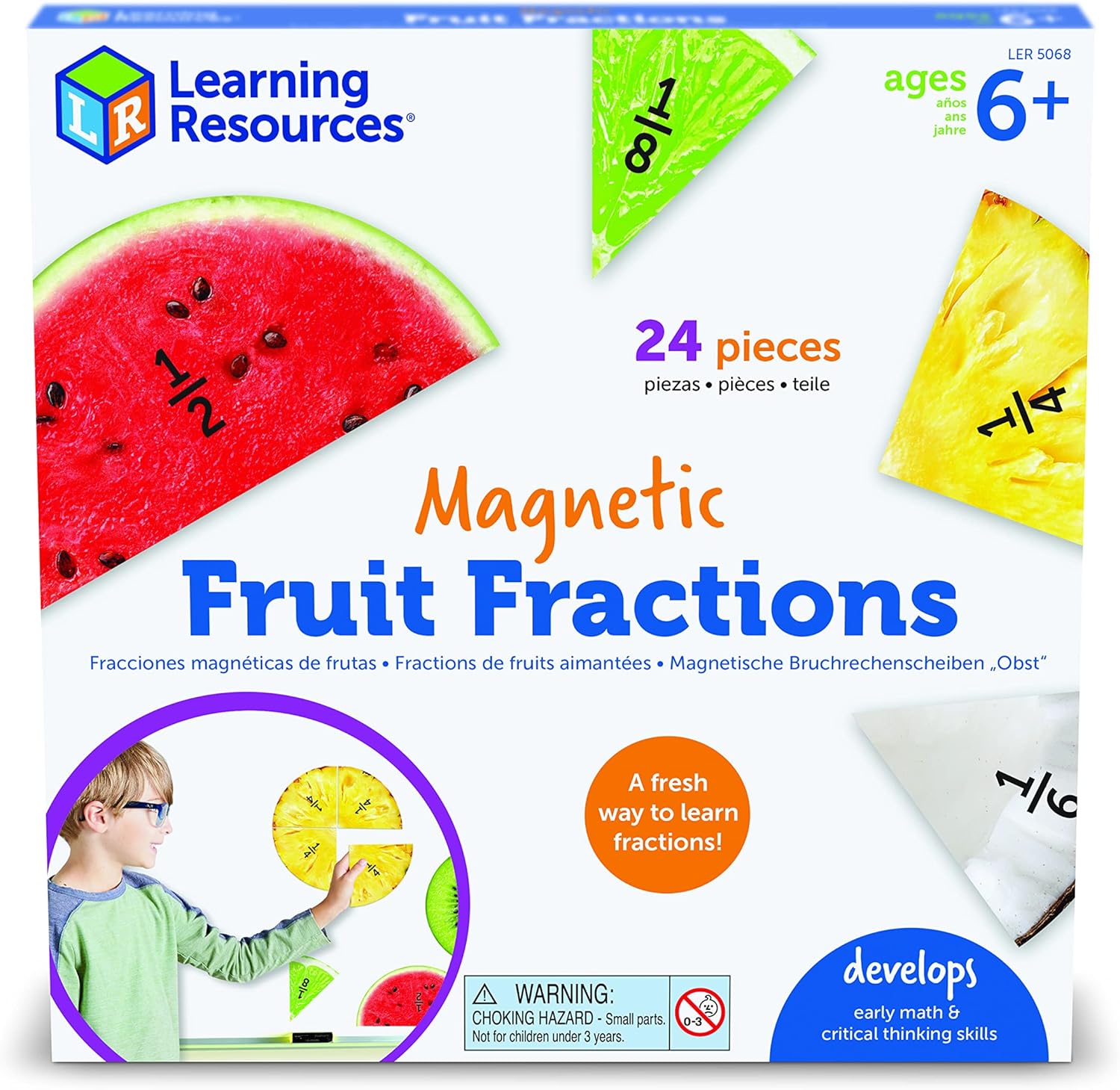 Learning Resources Fracciones magnéticas de frutas, aprendizaje de números para matemáticas infantiles, matemáticas Montessori, juegos para niños, juegos educativos para interiores, 24 piezas