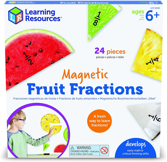 Learning Resources Fracciones magnéticas de frutas, aprendizaje de números para matemáticas infantiles, matemáticas Montessori, juegos para niños, juegos educativos para interiores, 24 piezas