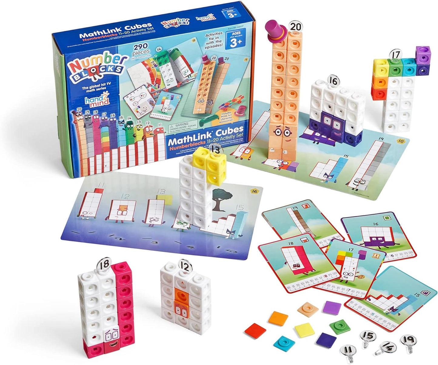 Numberblocks MathLink Cubes - Juego de actividades de 11 a 20, 30 actividades de bloques de números vinculadas a episodios de televisión, 155 cubos NumberBlocks MathLink