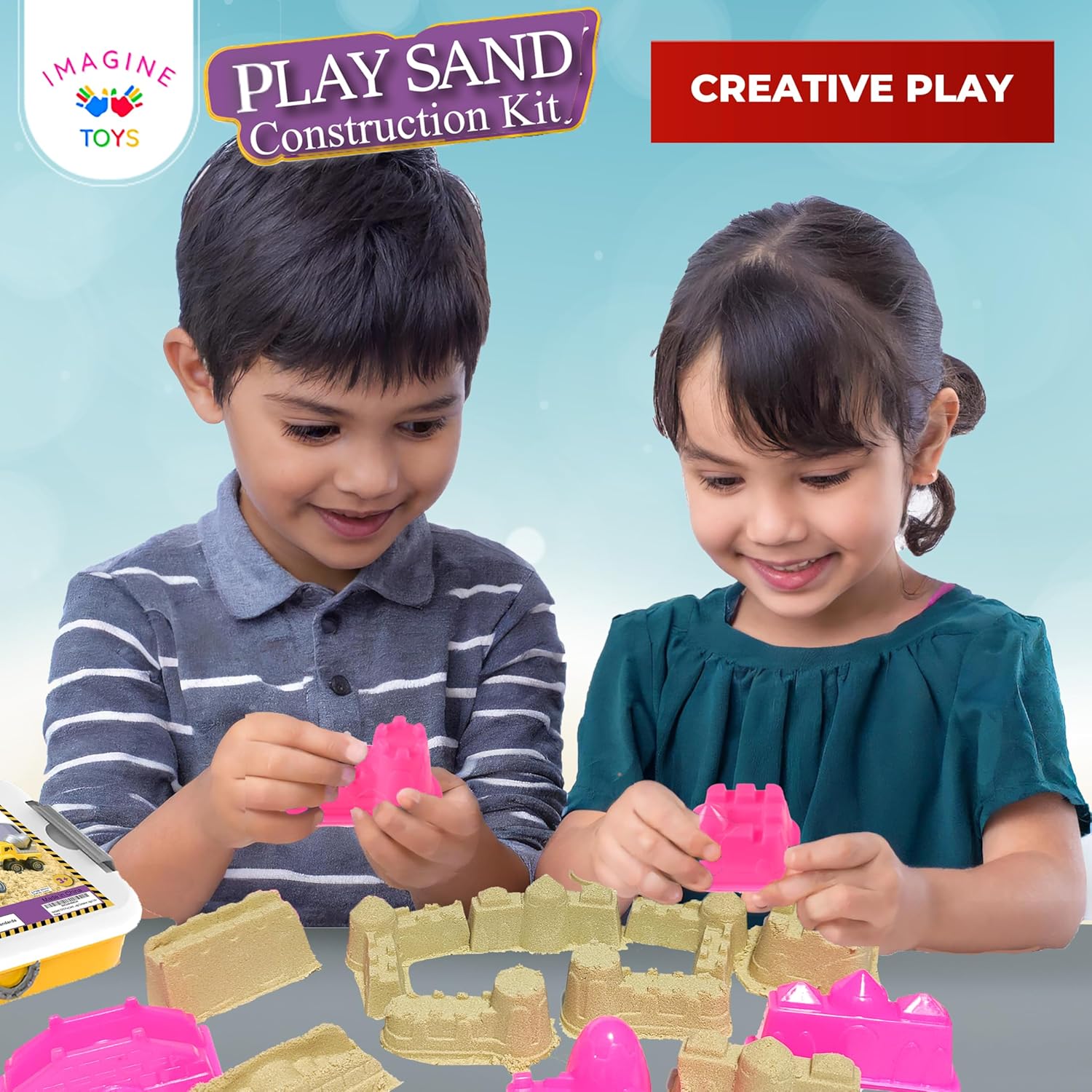 Play Sand KIT, arena de juego de 3 libras, 4 camiones (camión volquete, grúa, mezclador, retroexcavadora) 10 señales de tráfico, 8 moldes de castillo, 8 moldes de animales, 3 herramientas