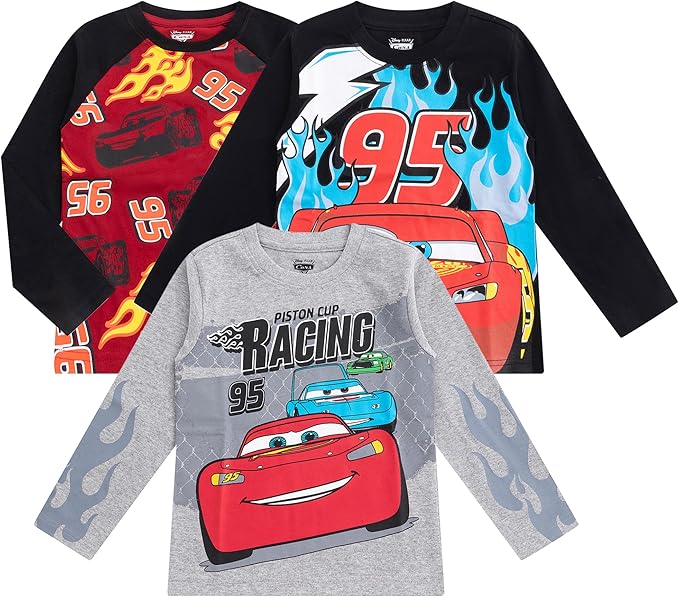 Disney Cars Lightning McQueen - Paquete de 3 camisetas de manga larga