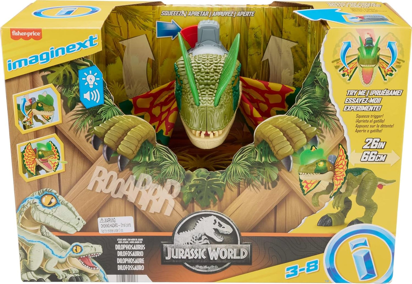 Fisher-Price Imaginext Jurassic World - Juguete de dinosaurio Thrash Attack Dilophosaurus de más de 16 pulgadas con luces y sonidos