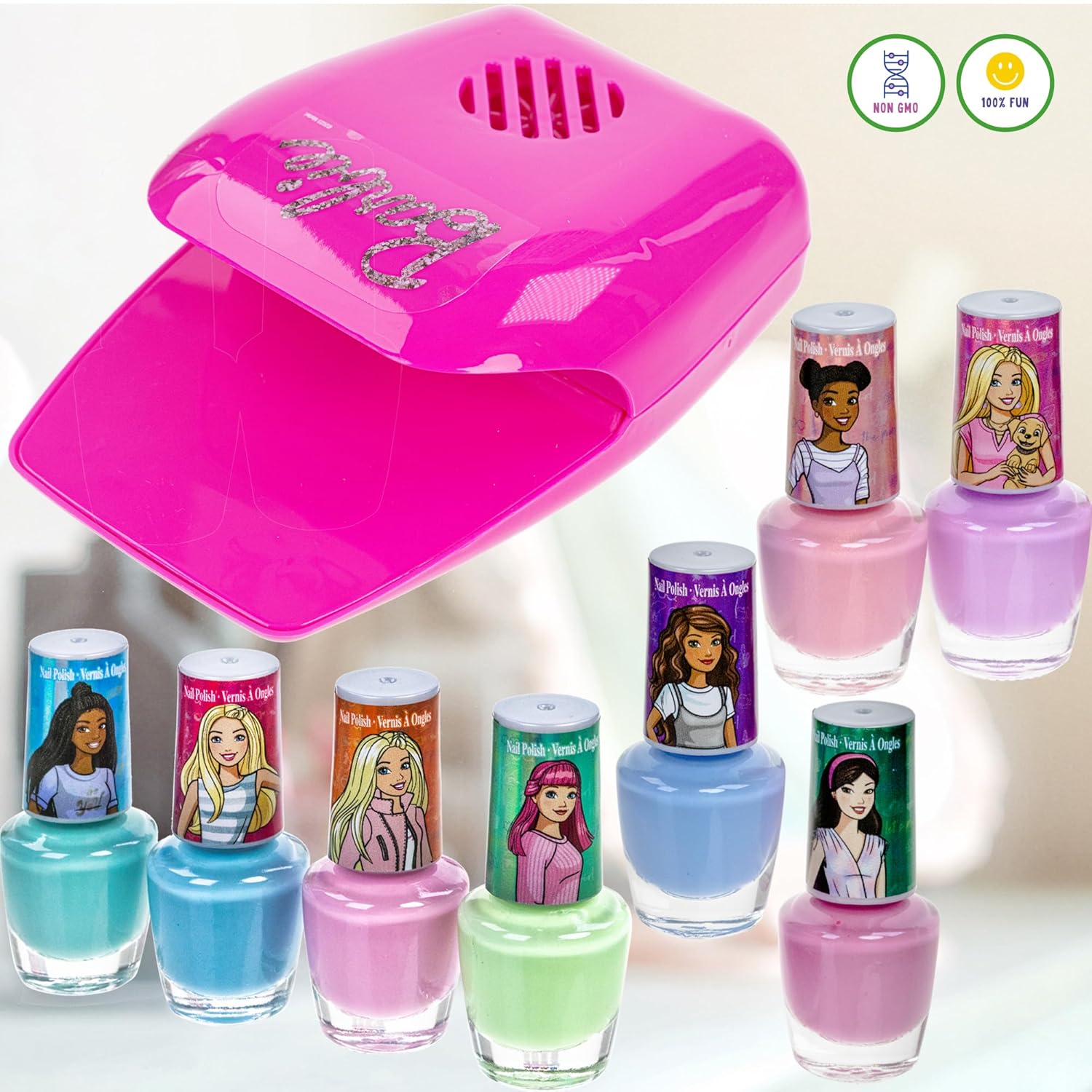 Barbie - Juego de esmaltes de uñas seguros a base de agua no tóxicos con secador de uñas 