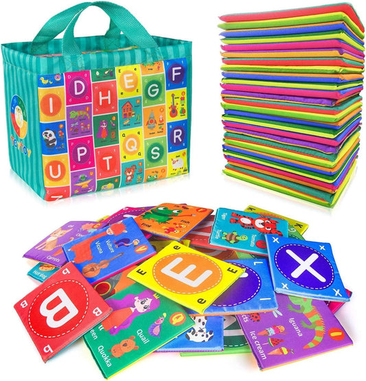 Juguetes suaves de tarjetas del alfabeto para bebé, 26 piezas de tarjetas flash del alfabeto ABC, juguete de aprendizaje temprano con bolsa de almacenamiento, juguete de letras suaves lavables